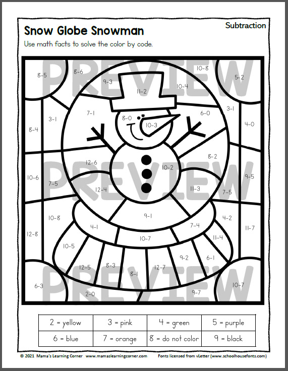 Winter color by addition and subtraction worksheets