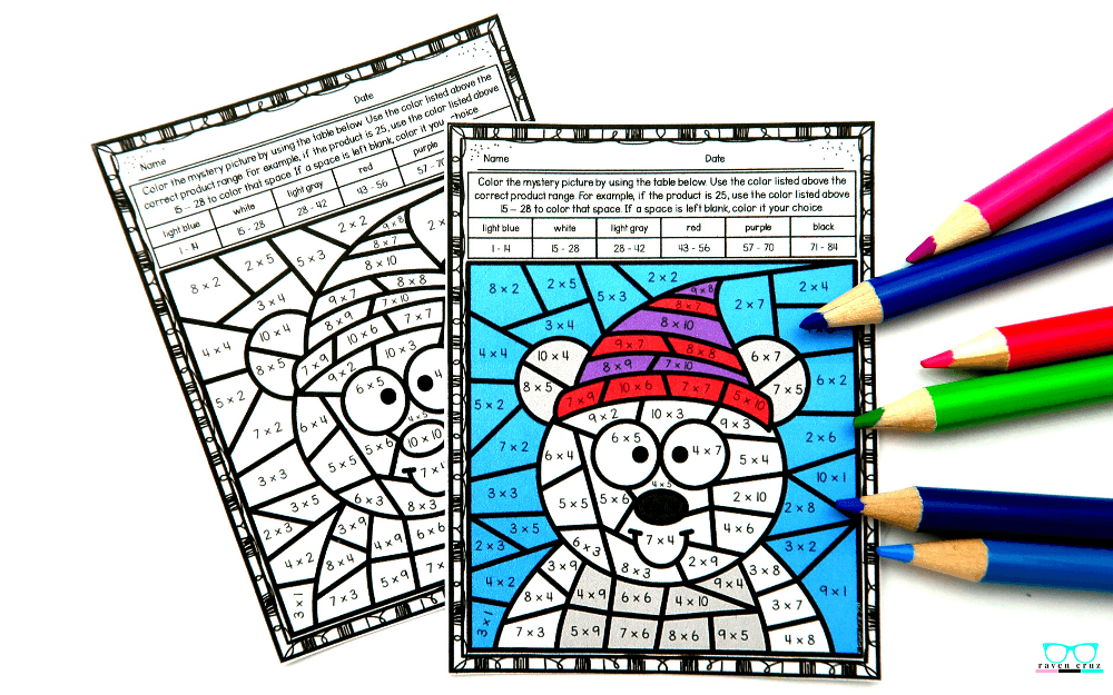 Multiplication color by number worksheets for winter
