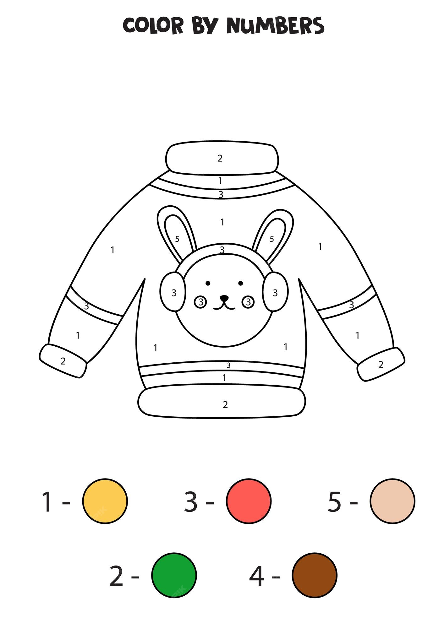 Premium vector color cartoon christmas sweater by numbers worksheet for kids