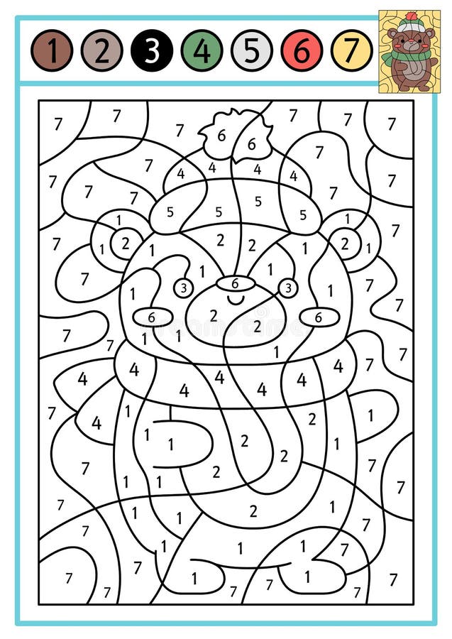 Vector christmas color by number activity with cute kawaii bear in hat and scarf winter holiday scene stock vector