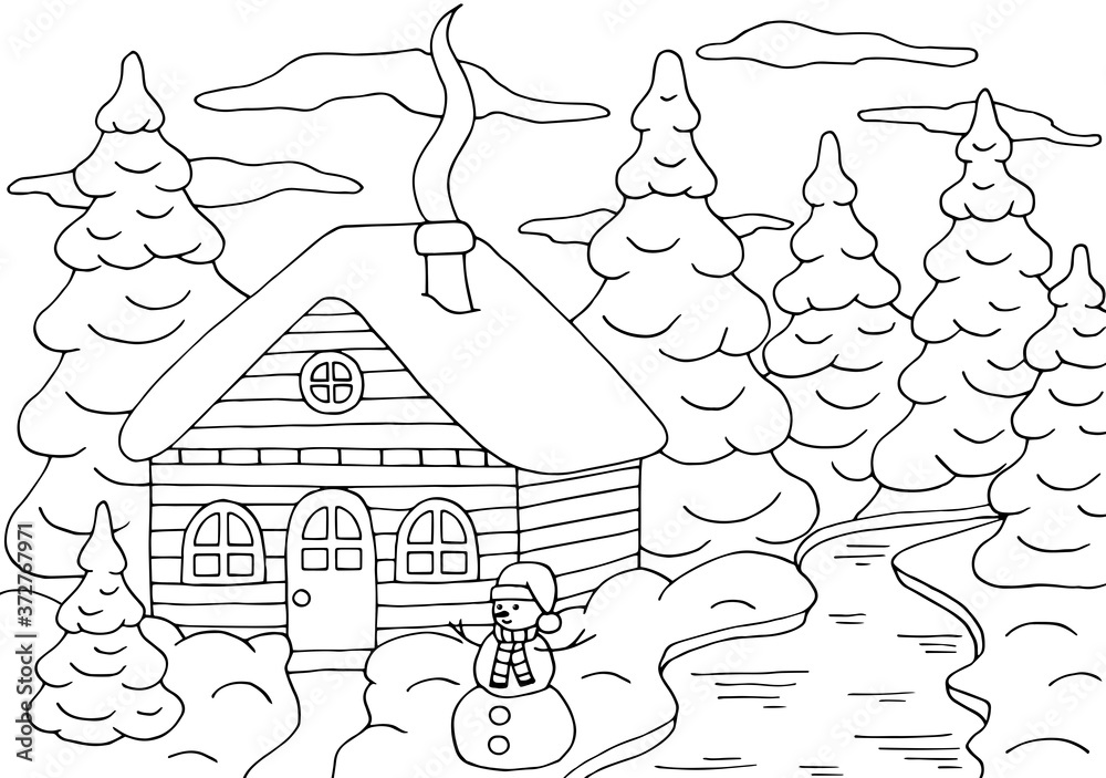Coloring page with a house in the winter forest with a christmas tree vector