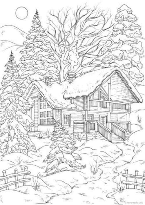 House with trees in winter coloring page