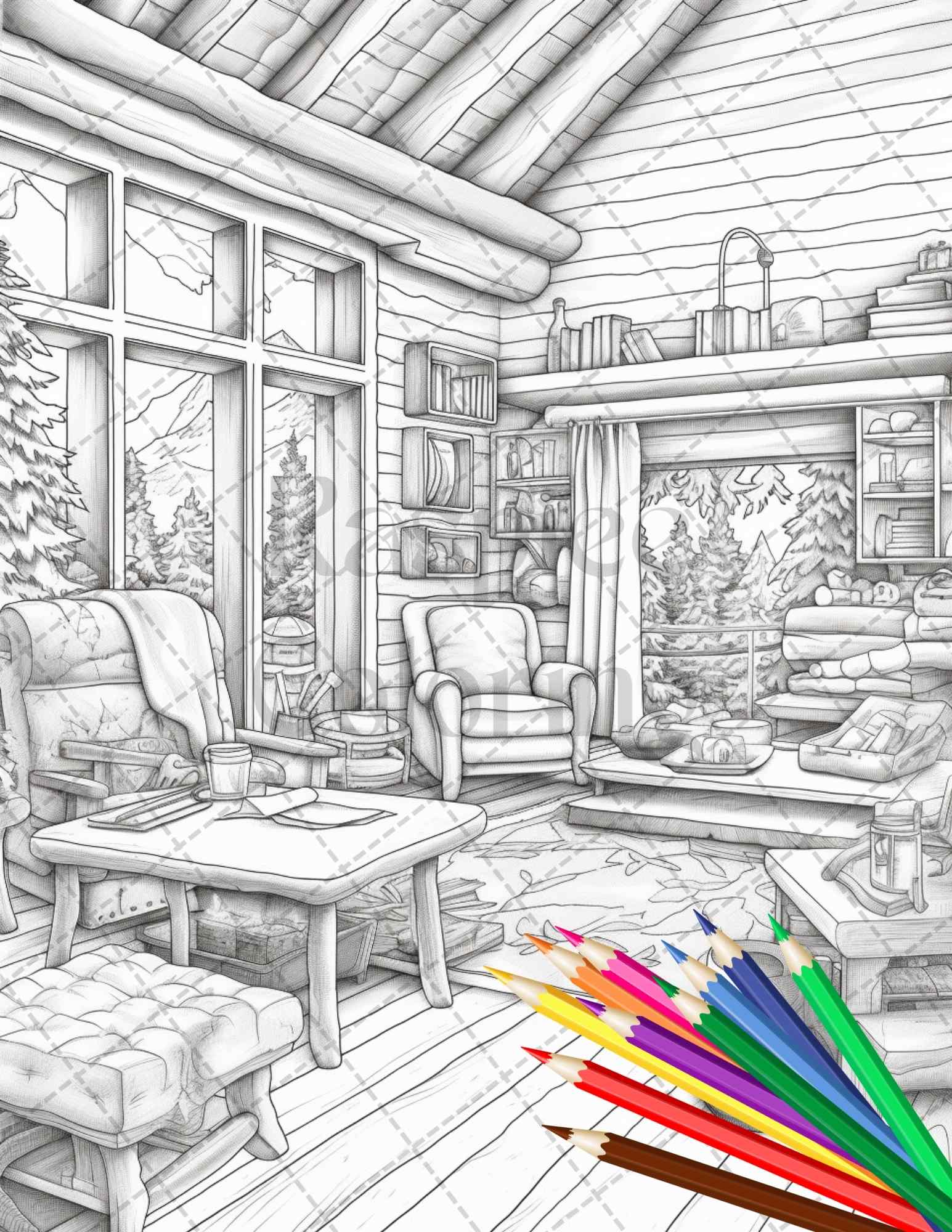 Cozy cabin interior grayscale coloring pages printable for adults pdf â coloring