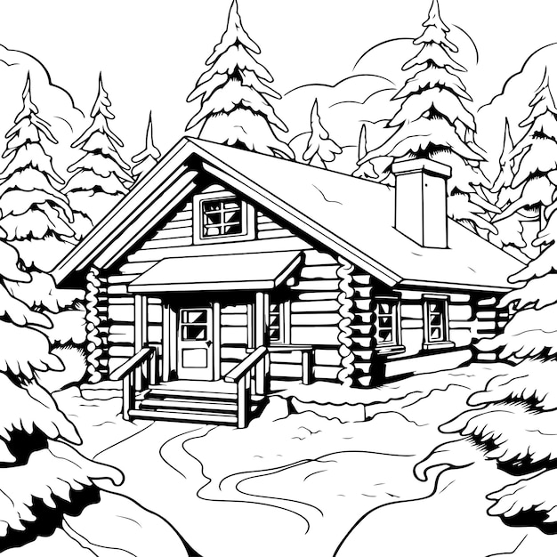 Premium vector a winter cabin coloring page