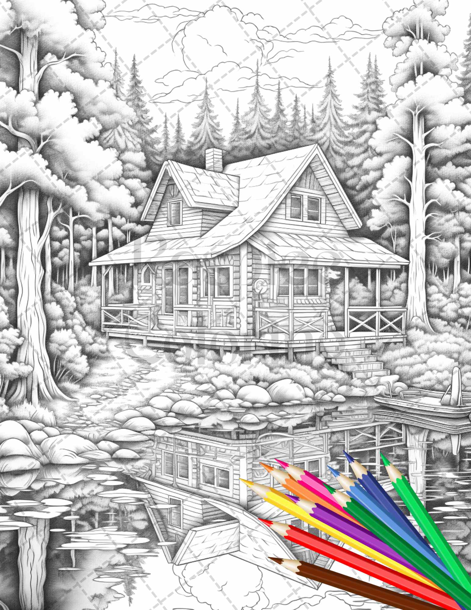 Lake cabin scenery grayscale coloring pages printable for adults pdf â coloring