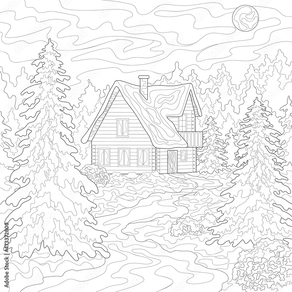 Wooden line drawing cottage fir trees forest bushes and snow sky and moon winter illustration on a white isolated background for coloring book pages vector