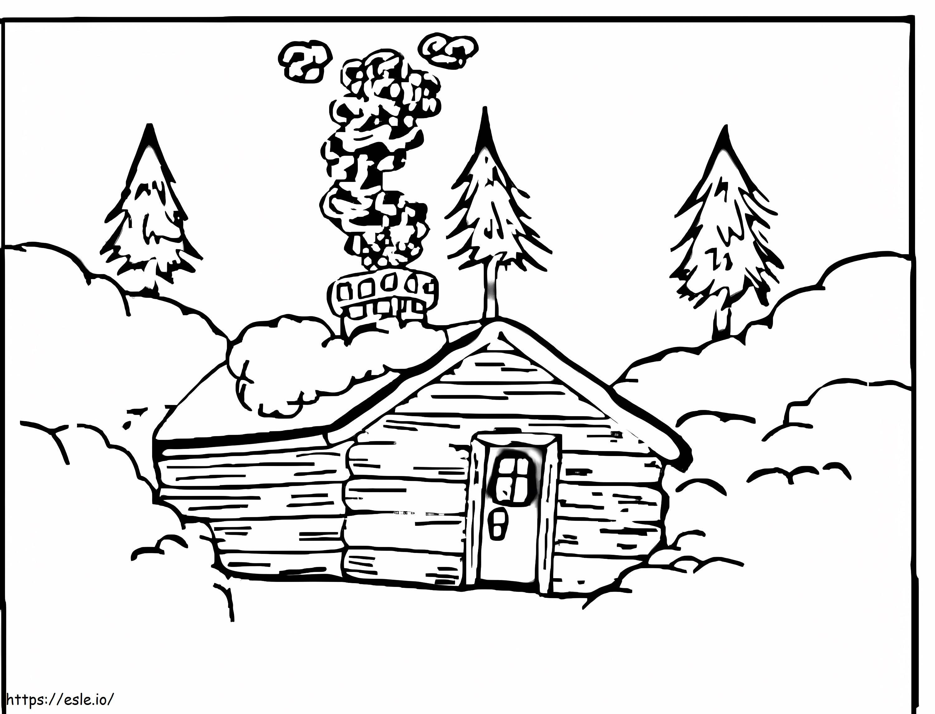 Winter log cabin coloring page