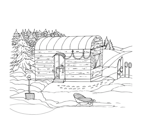Coloring book camping in winter with a house skis sled snow forest shovel