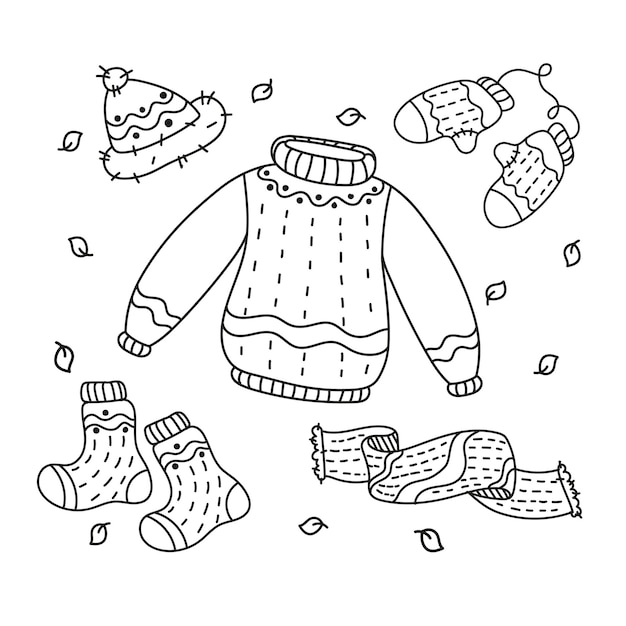 Premium vector a set of cozy knitted warm clothes coloring page
