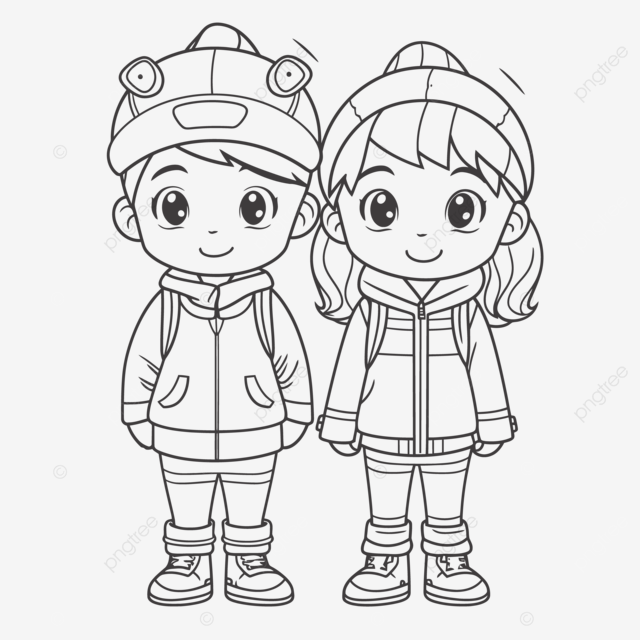 Two cartoon kids wearing winter clothing coloring pages outline sketch drawing vector car drawing cartoon drawing wing drawing png and vector with transparent background for free download