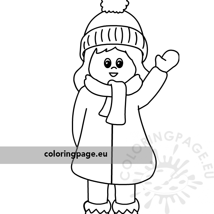 Happy little girl in winter clothes coloring page