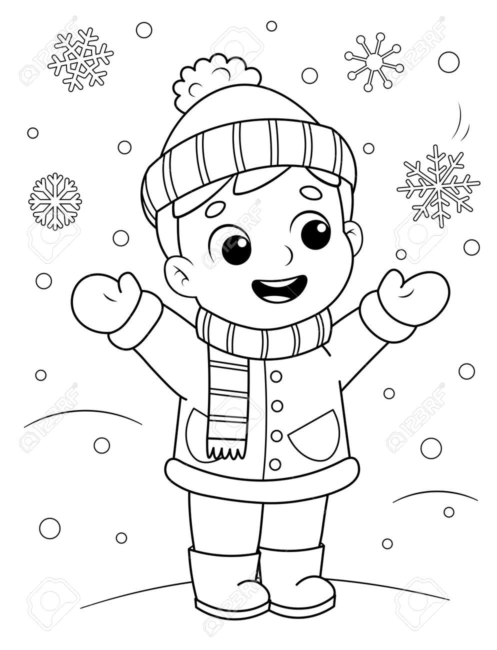Coloring page of a cute cartoon kid in winter clothes enjoying the snow coloring book for kids royalty free svg cliparts vectors and stock illustration image