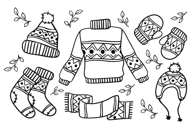 Premium vector a set of cozy knitted warm clothes coloring page