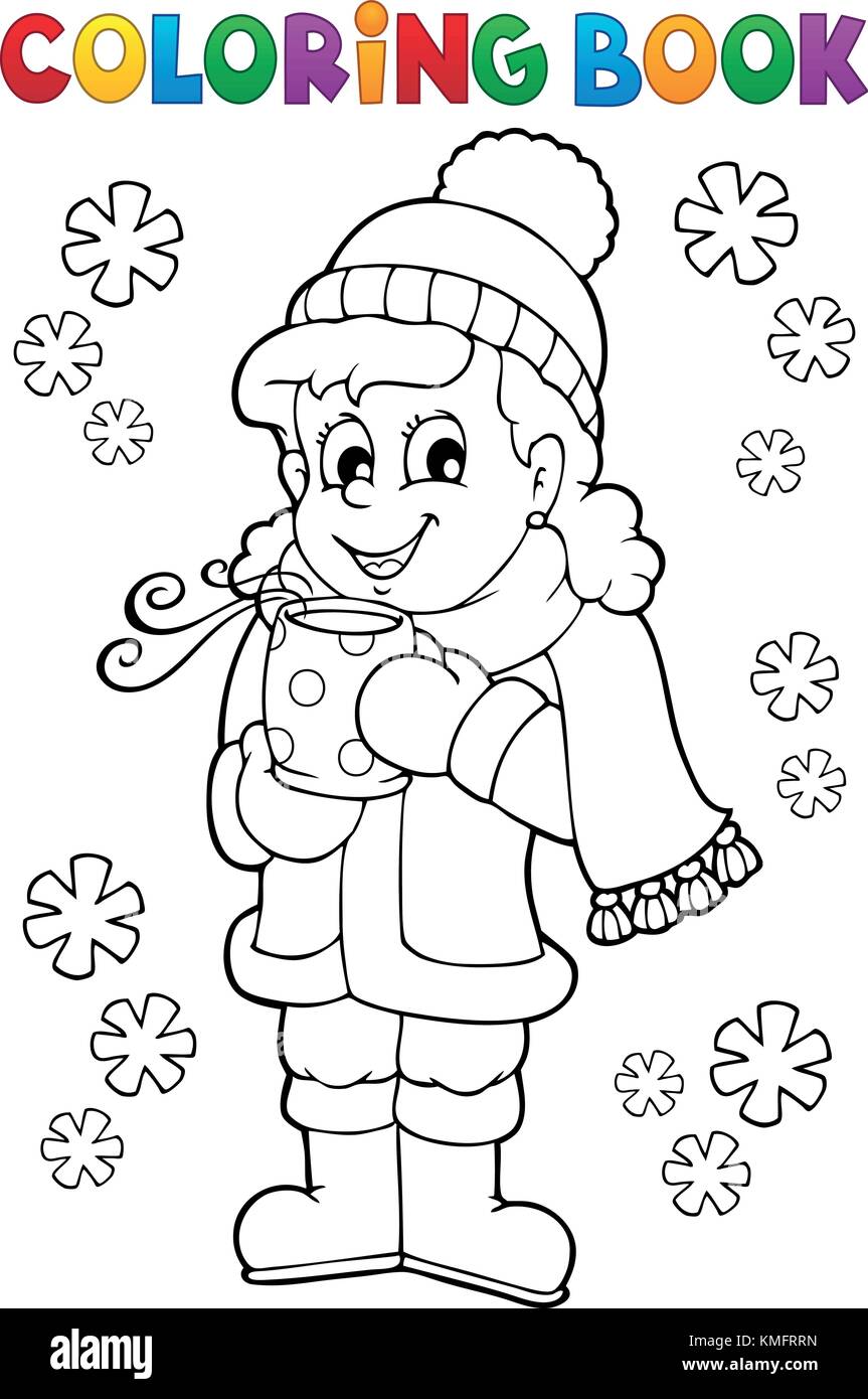Coloring book girl in winter clothes