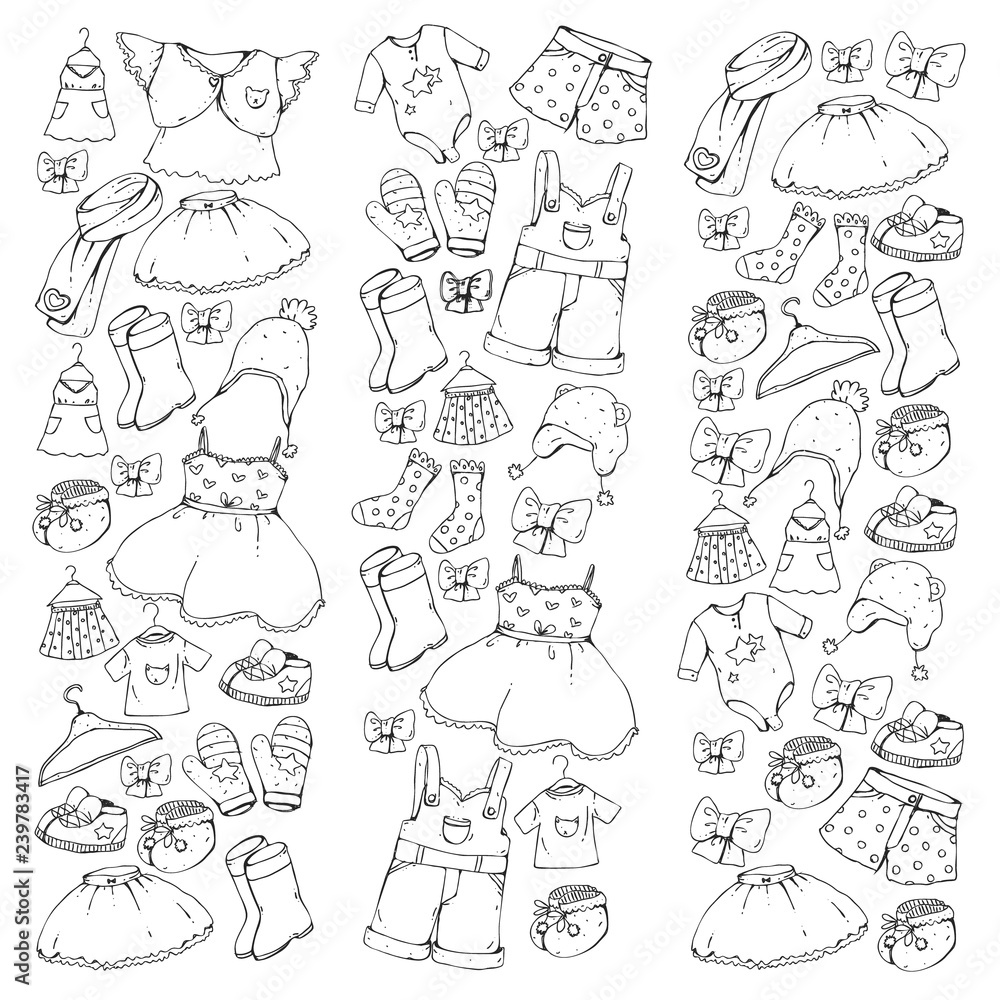 Children clothing and fashion dress skirt shorts scarf trousers for boys and girls kids fashion summer winter spring autumn sale elements for coloring pages vector