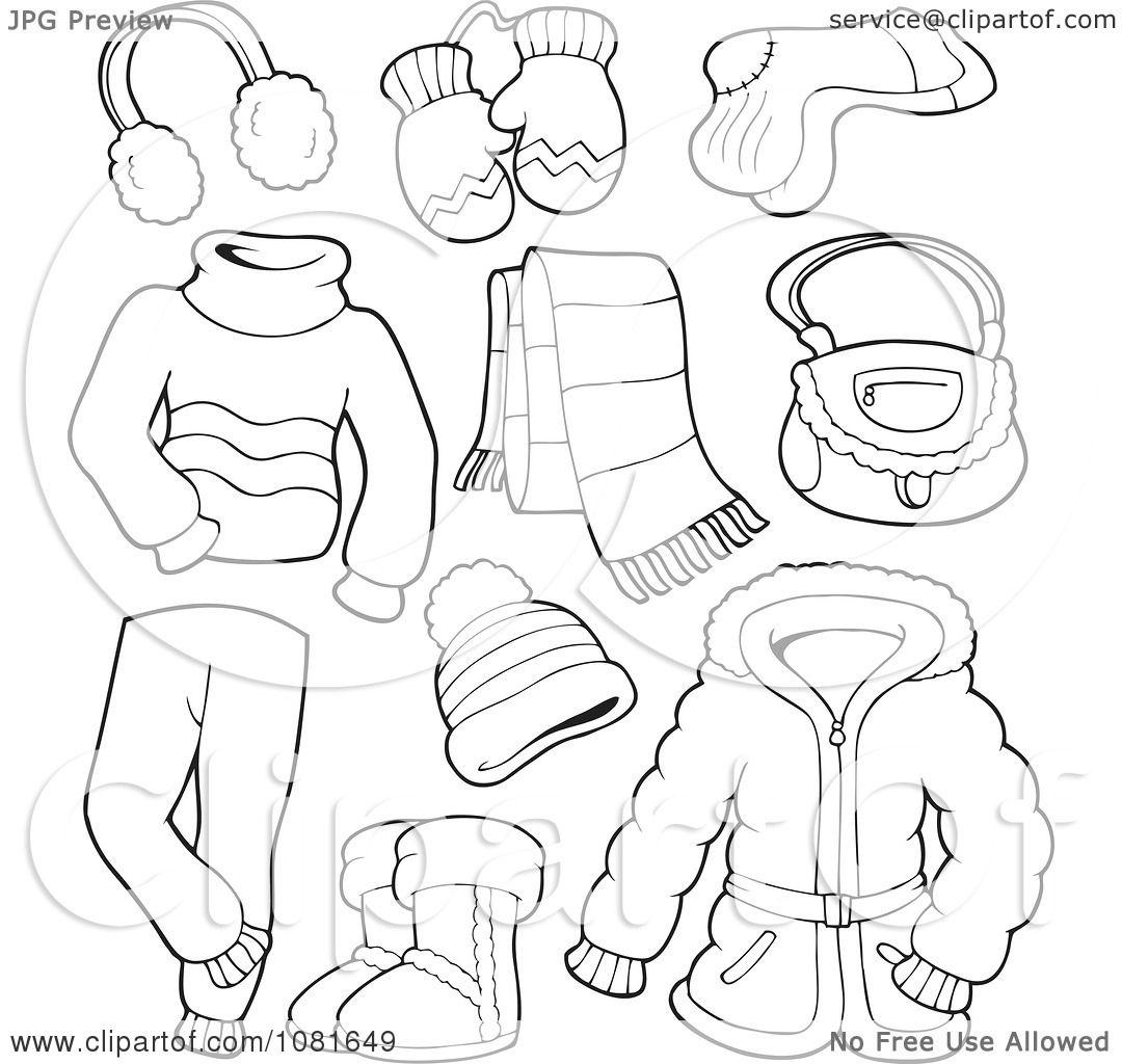 Clipart outlined winter clothing and accessories