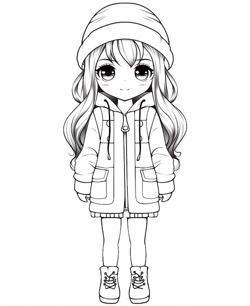 Premium ai image a girl in a winter coat and hat coloring pages generative ai
