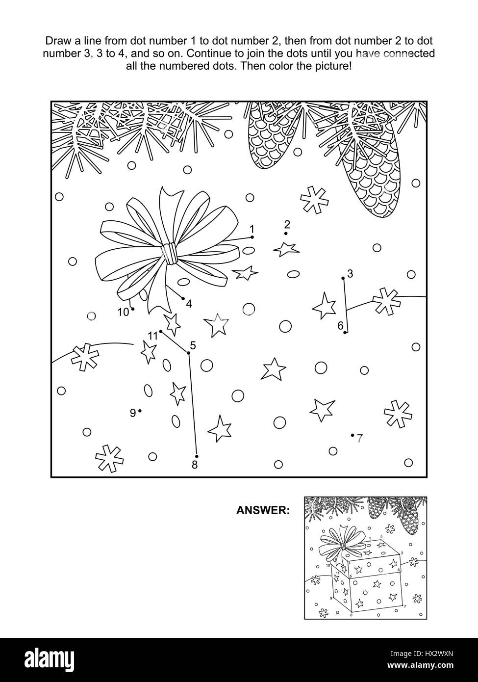 Winter new year or christmas themed connect the dots picture puzzle and coloring page