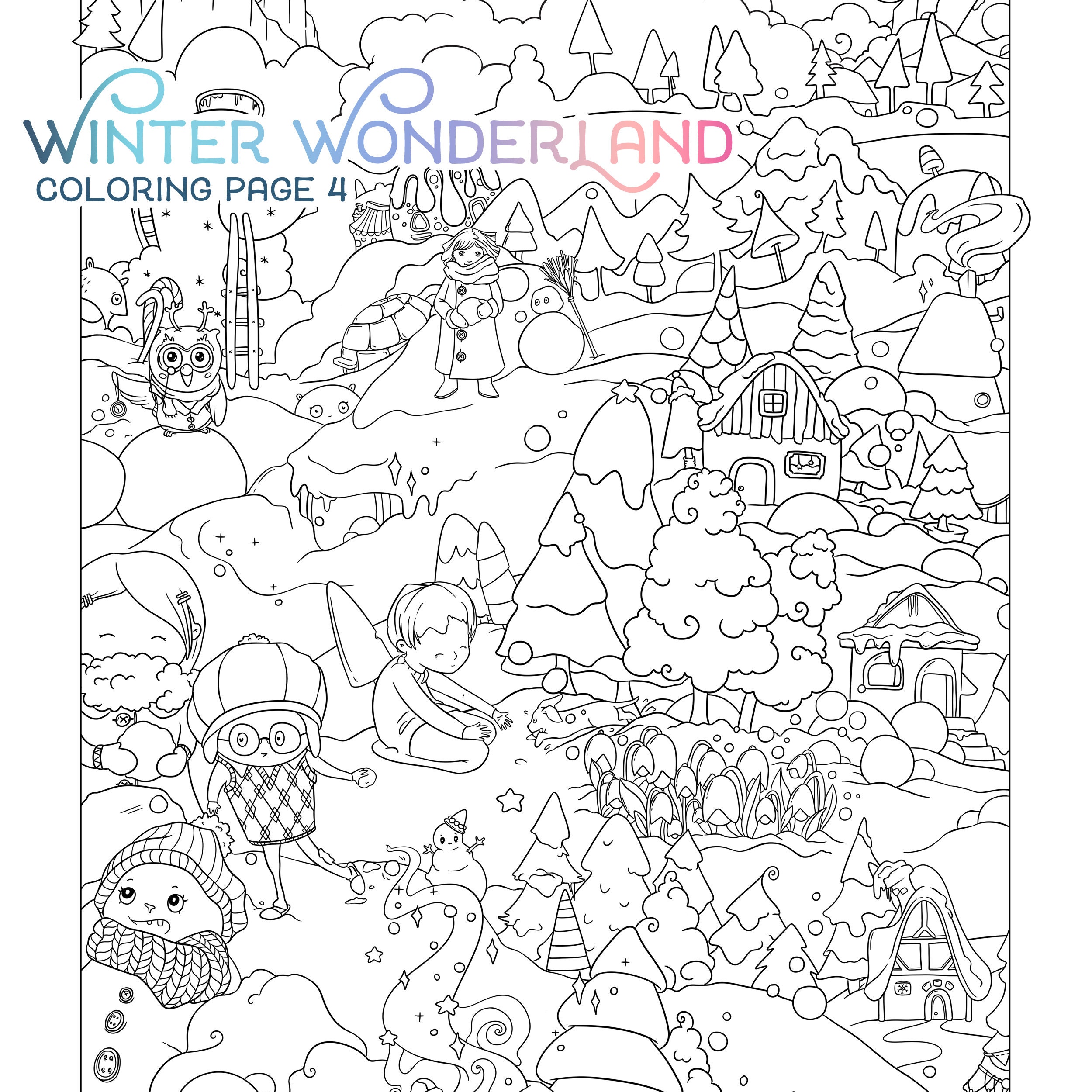 Winter wonderland adult coloring page cute christmas coloring santa kids snowman xmas doodle digital download pdf printable by jen katz download now
