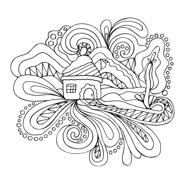 Premium vector coloring page for adults with winter house and abstract patterns doodle illustration in outlines