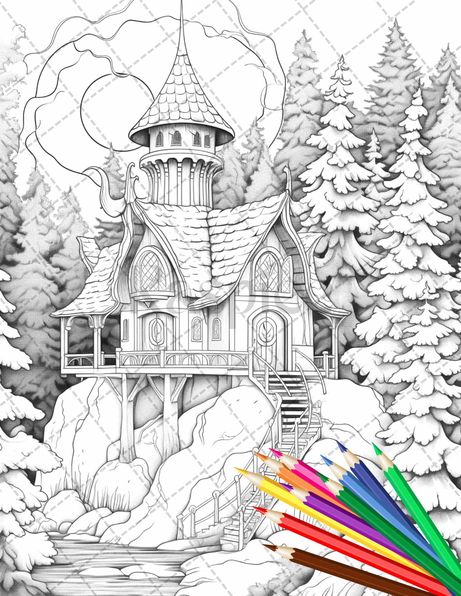 Winter fairy houses grayscale coloring pages printable for adults â coloring
