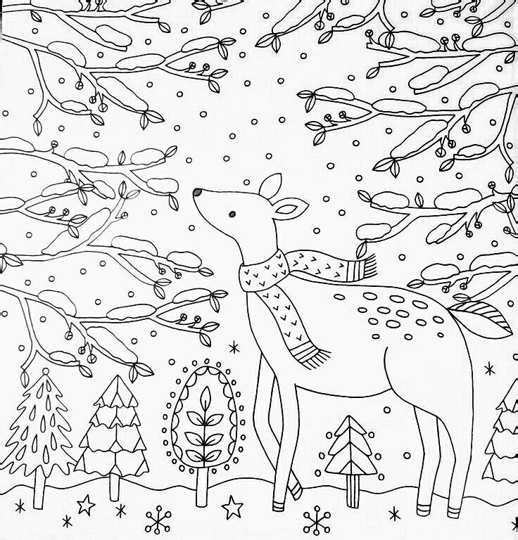 Winter adult coloring page whimsical deer in snowy forest coloring pages winter coloring pages adult coloring pages