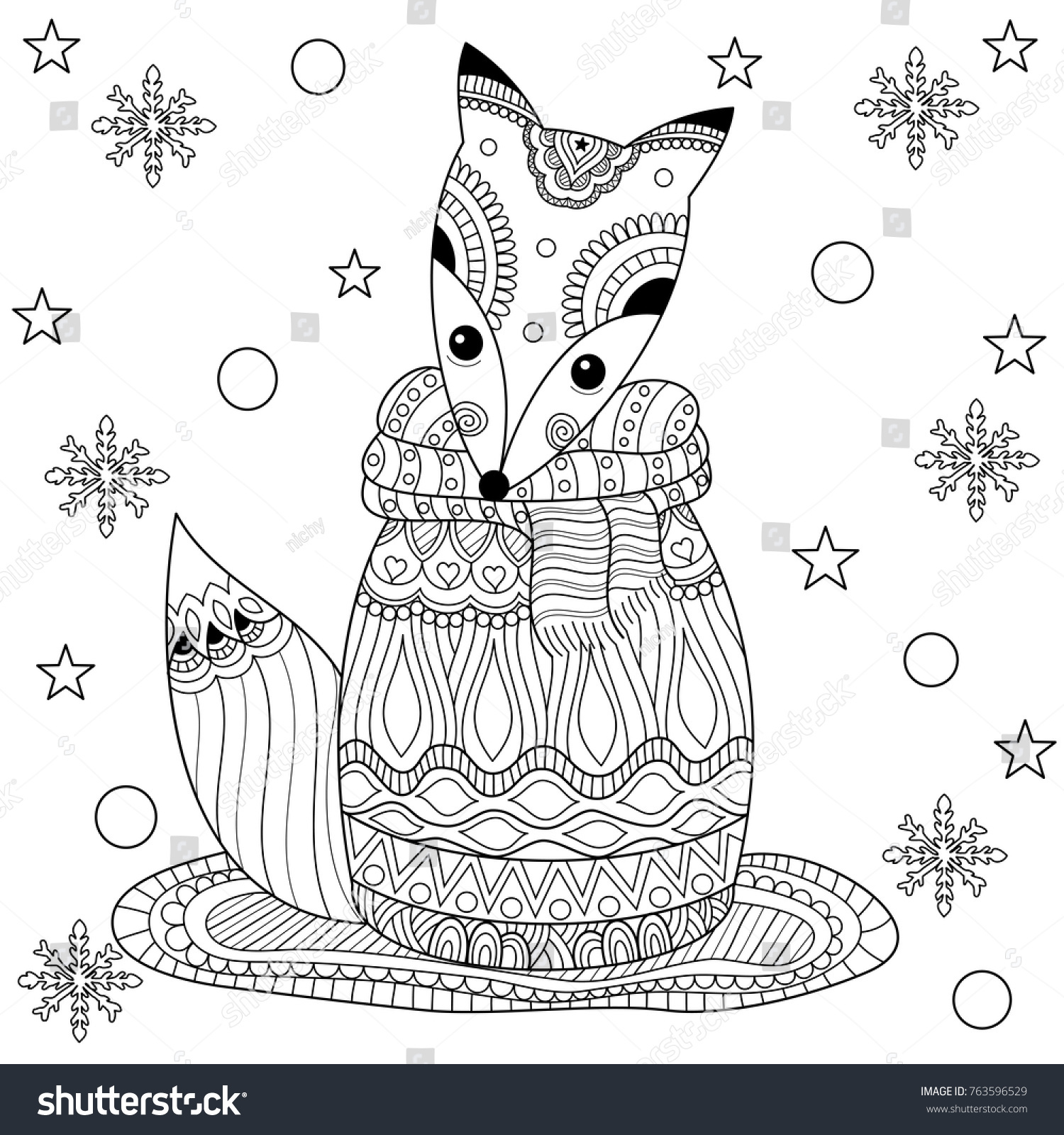 Coloring book fox winter adultzentangle stylevector stock vector royalty free