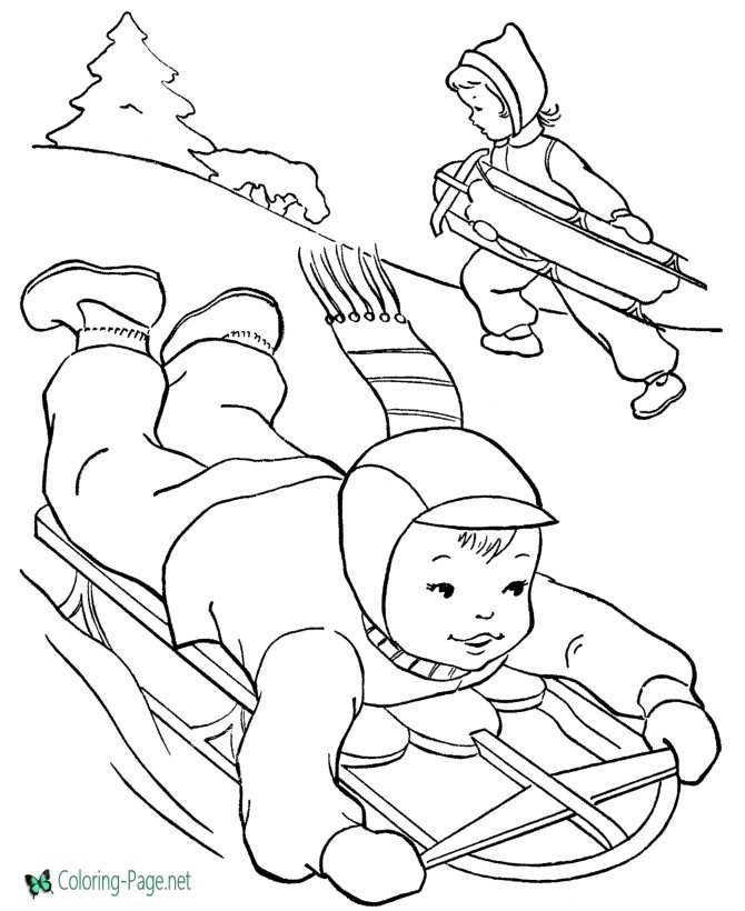 Sledding fun winter coloring pages