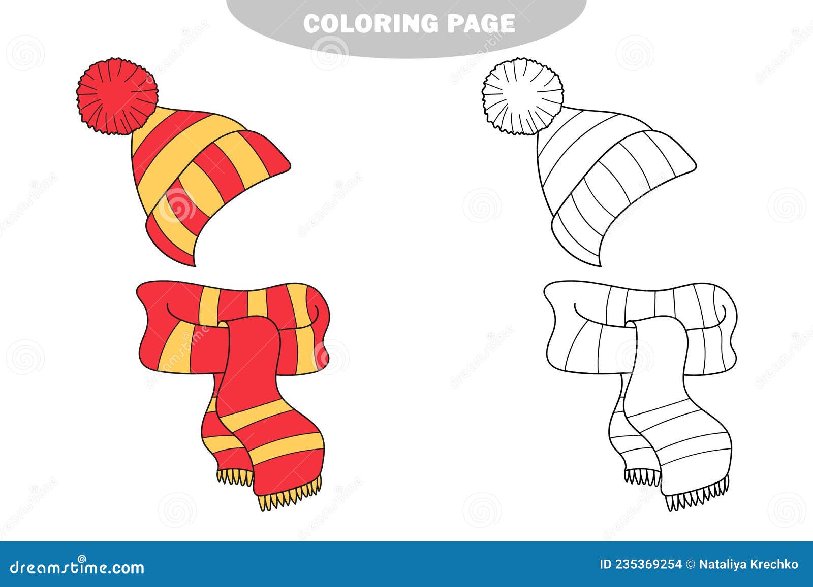 Simple coloring page education game warm winter scarf and hat stock vector