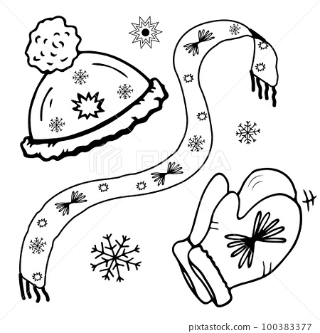 Coloring page hat scarf mittens snowflakes