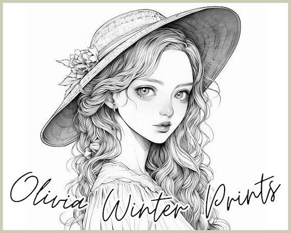 Coloring page for adult beautiful women with hat coloring pages printable instant download illustration olivia winter digital coloring page