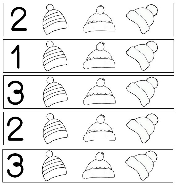 Coloring page preschool worksheets winter colour in the indicated number of hats