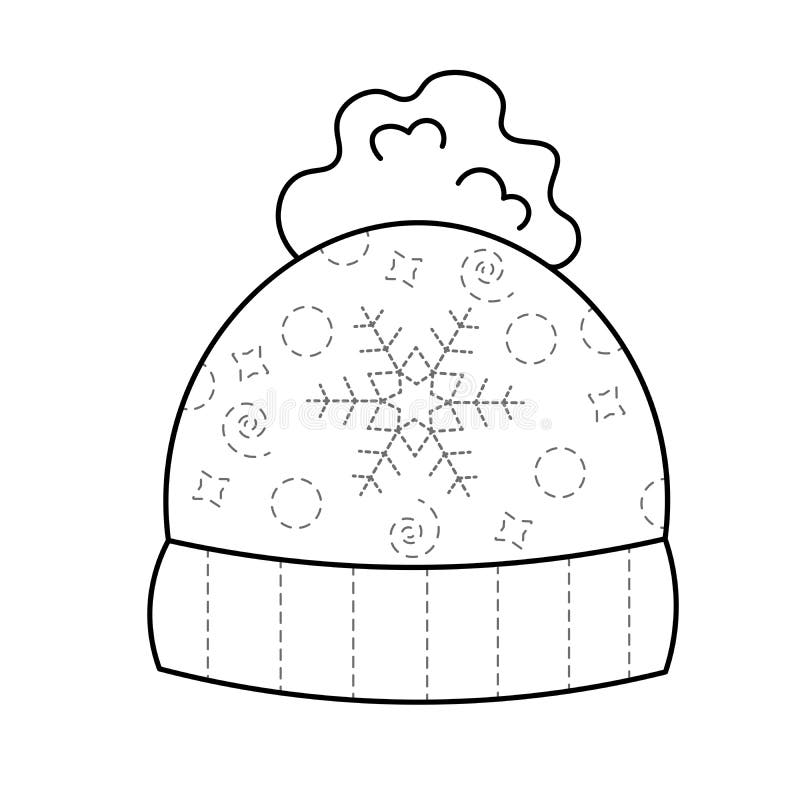 Trace and color winter hat handwriting practice sheet for kids isolated on white background stock vector