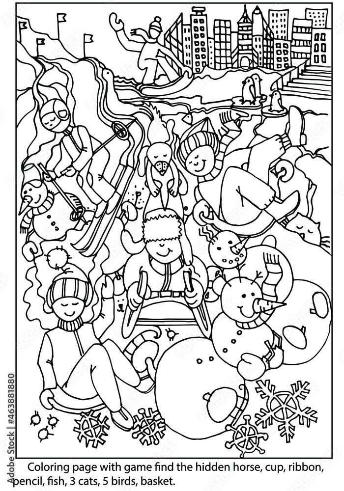 Find hidden objects coloring page with outdoor winter activities for kids sport leisure coloring worksheet for kids hand drawn vector vector