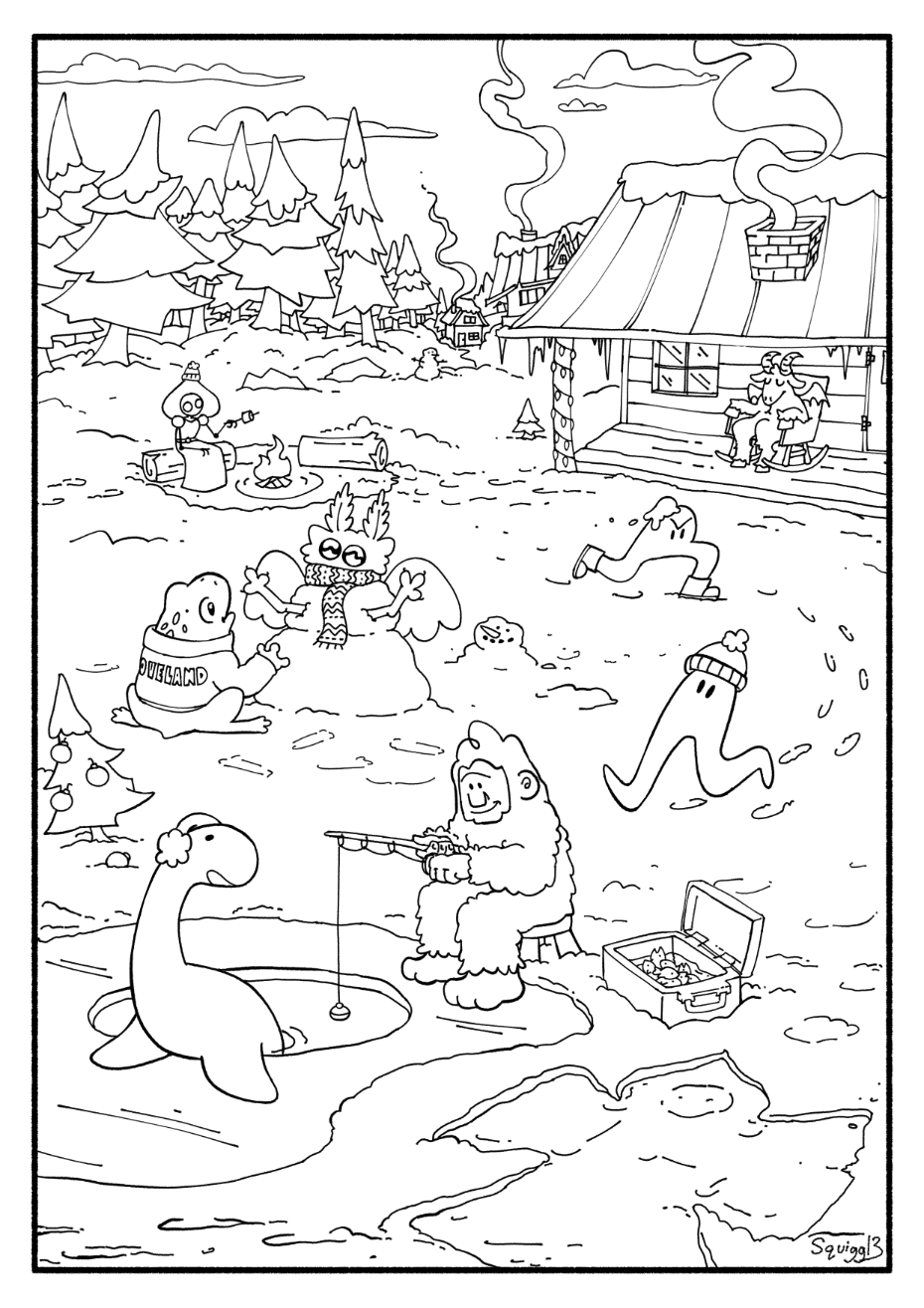 Birdposting â winter cryptids done as a coloring page for art