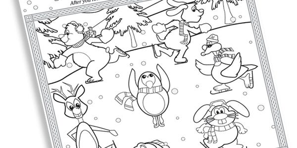 Coloring page for kids is a winter scene filled with outdoor critters