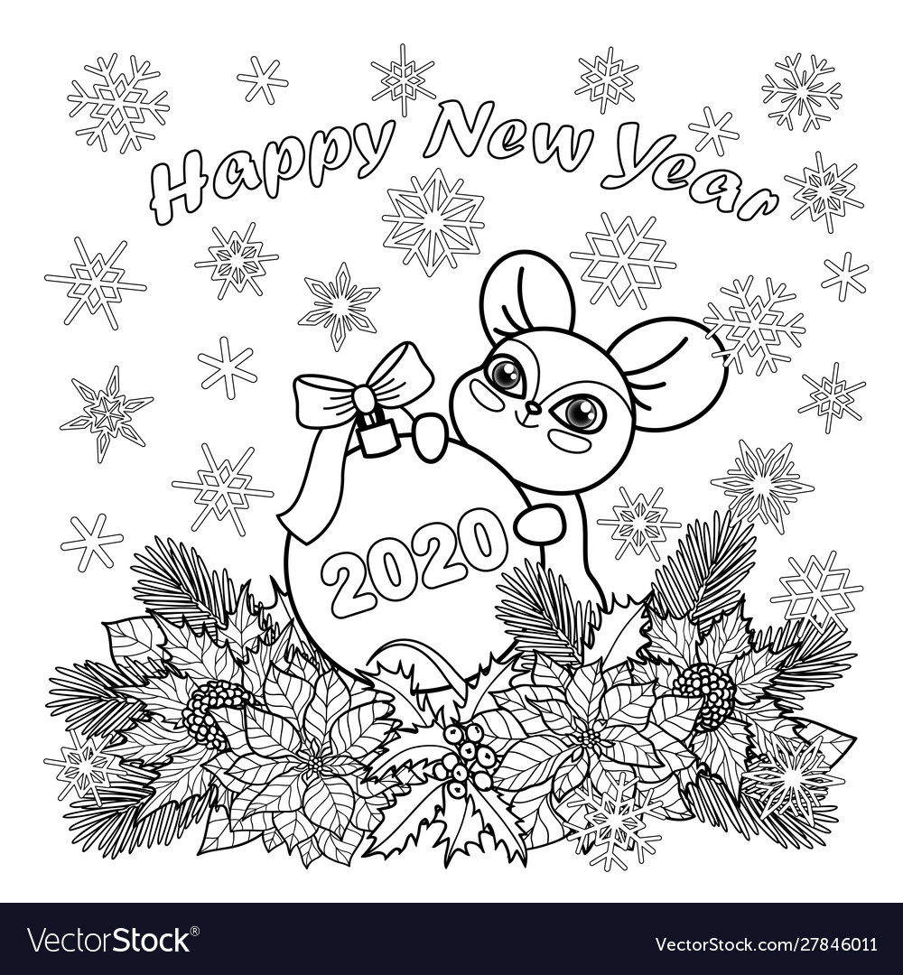 Winter holiday coloring page with mouse symbol vector image