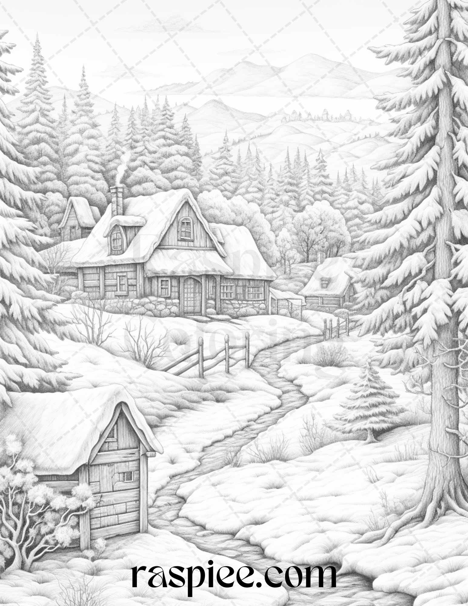 Winter scenery grayscale coloring pages printable relaxing snowy land â coloring