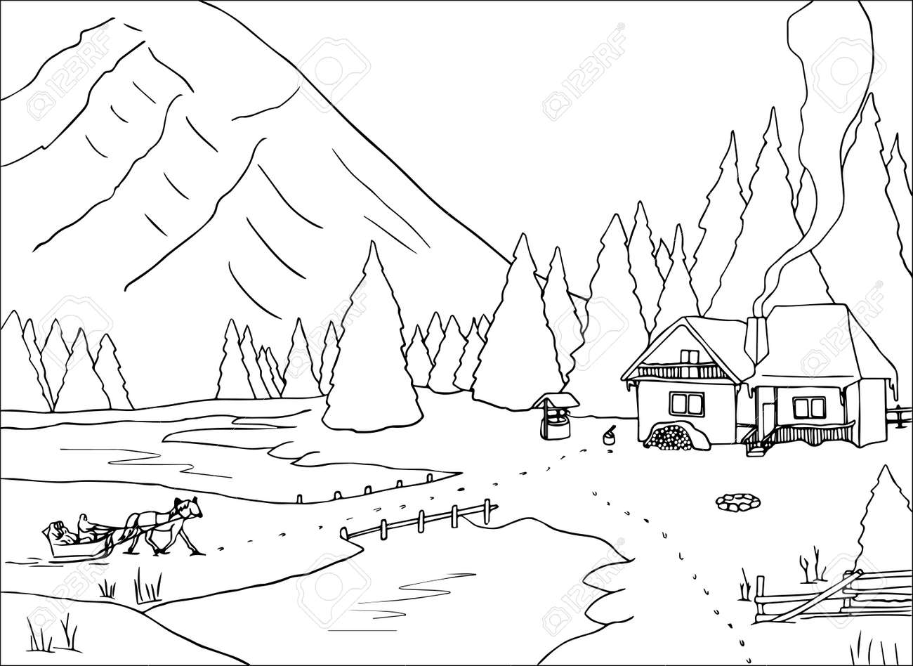 Coloring book winter landscape hand drawn simple flat vector illustration outline style royalty free svg cliparts vectors and stock illustration image