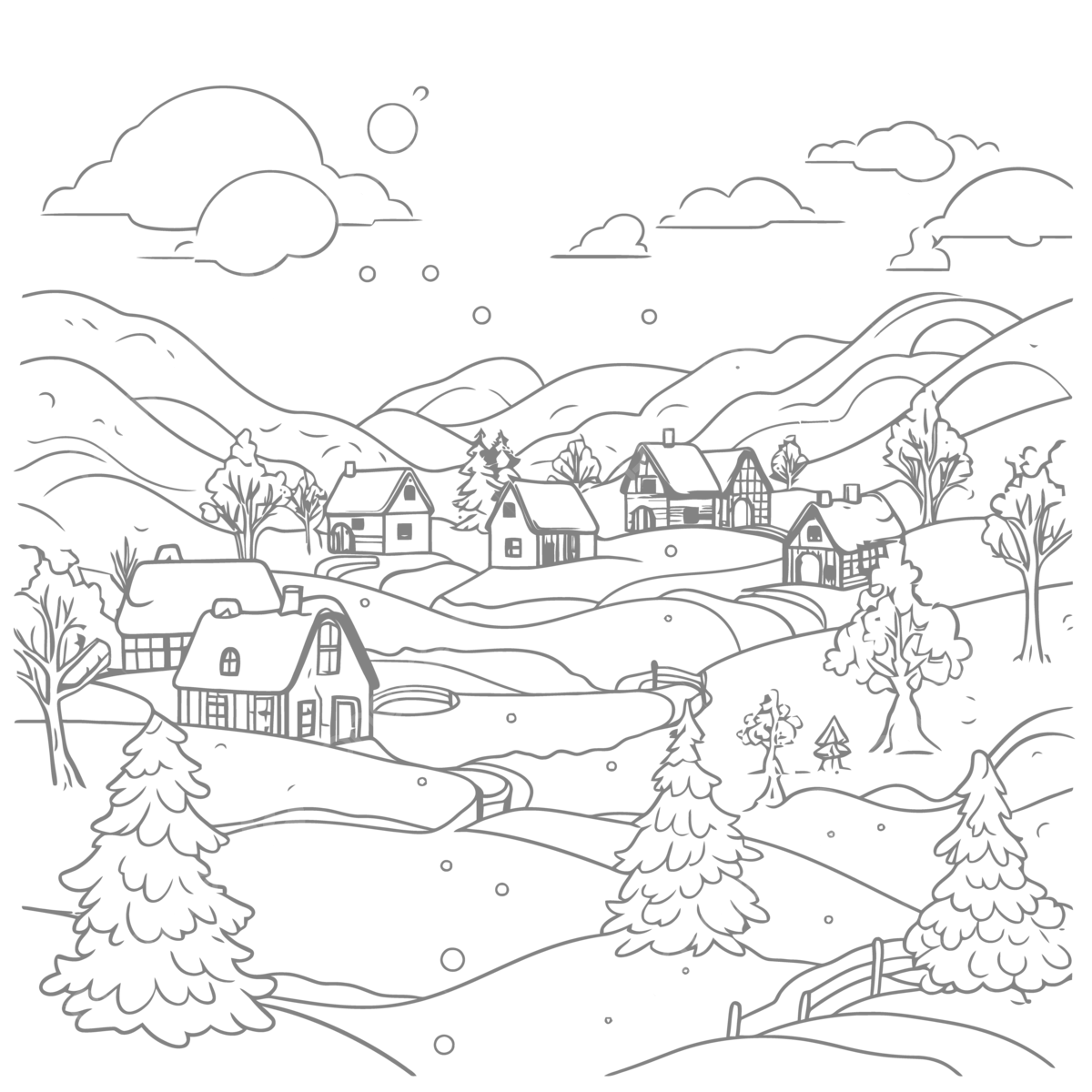 Snowy hill coloring page with houses in winter outline sketch drawing vector house drawing wing drawing snow drawing png and vector with transparent background for free download
