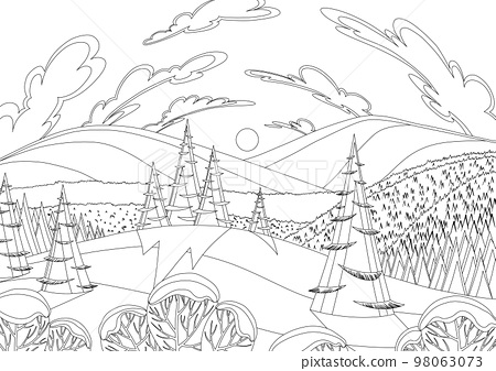 Winter landscape snowy pines on foreground and