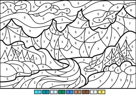 Winter landscape color by number free printable coloring pages