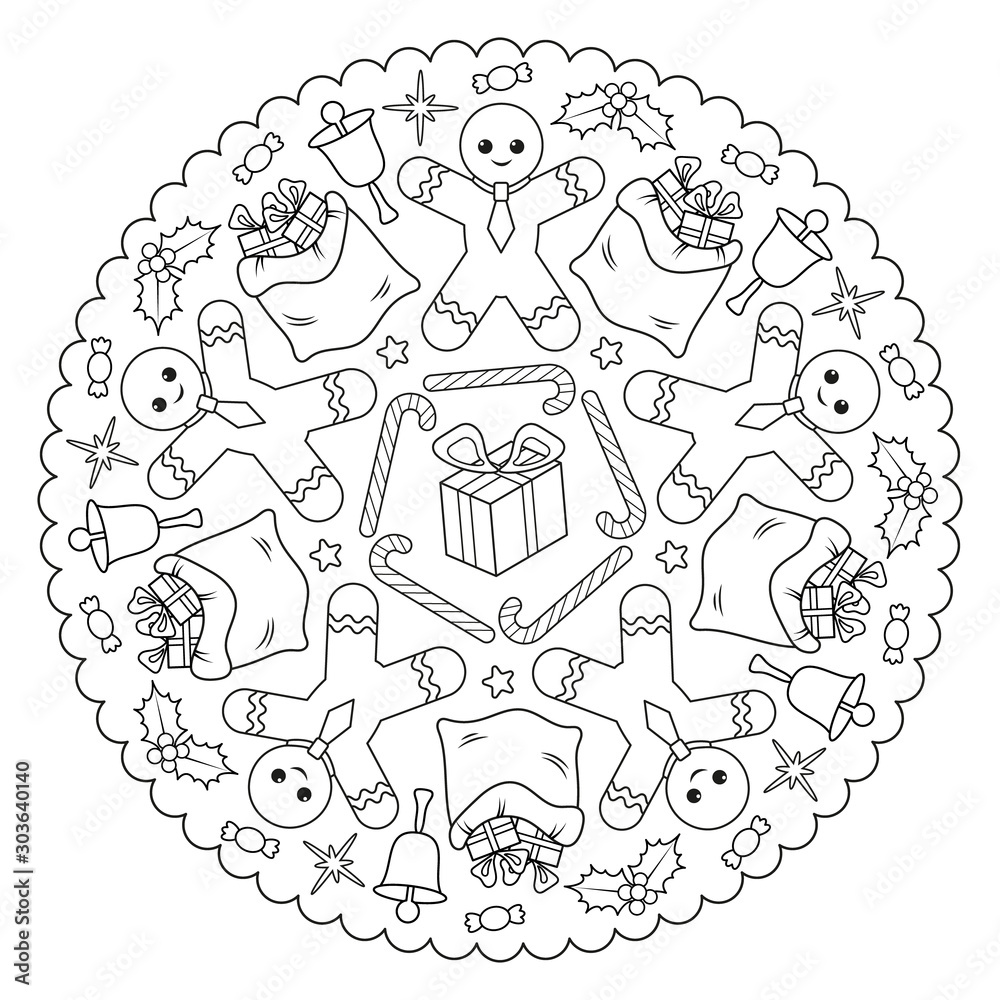 Coloring page mandala for kids with winter christmas and happy new year gingerbread man candy cane gift bag holly bell candy vector illustration vector