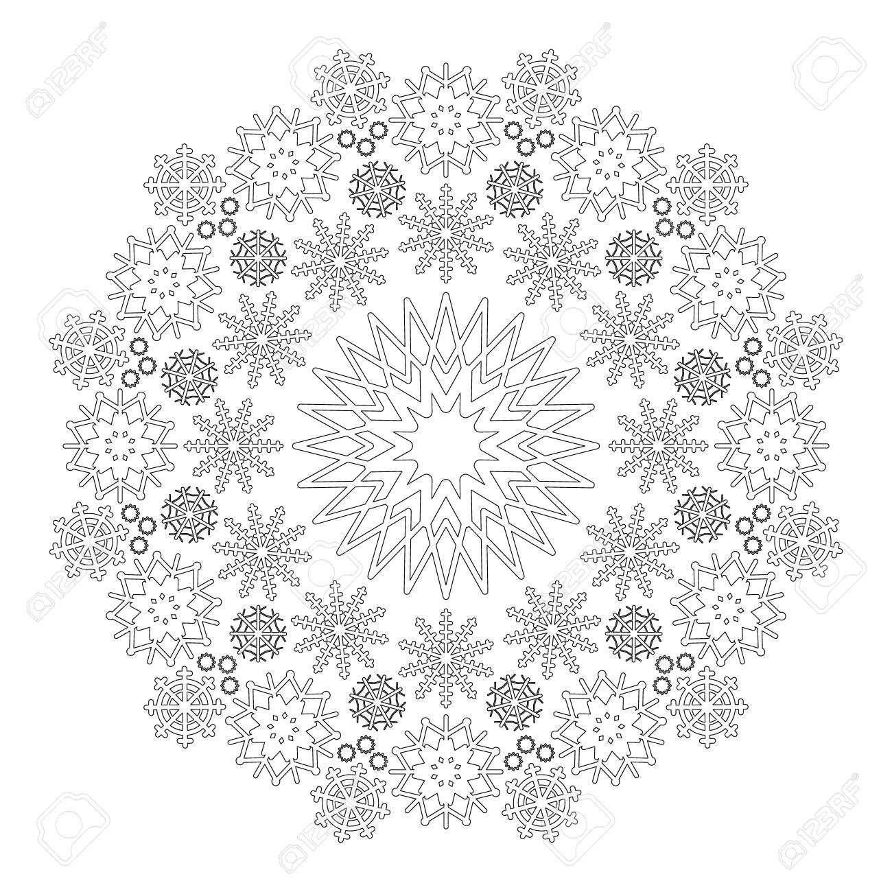 Vector black and white circular winter mandala with snowflakes