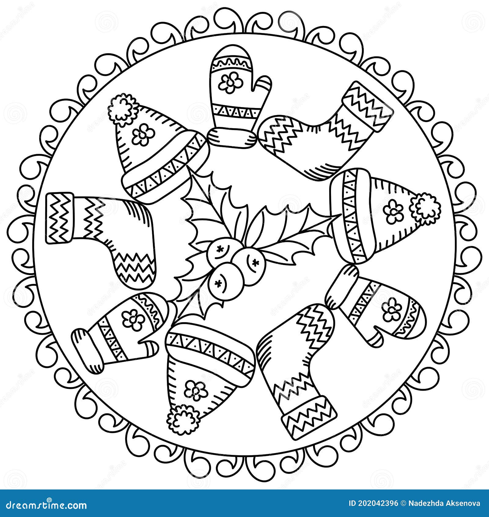 Coloring page mandala for kids winter coloring book with warm knitted mittens hat socks and holly leaves and berries stock vector