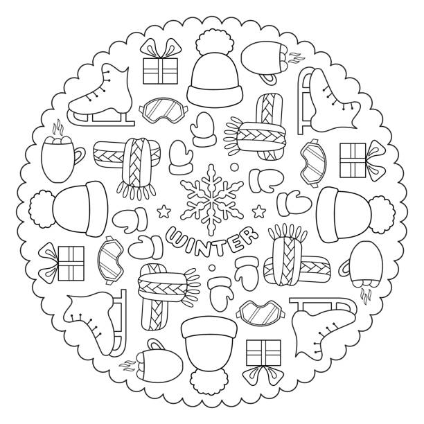 Coloring page mandala for kids with winter christmas and happy new year hat skates gift ski goggles mittens cup marshmallow scarf vector illustration stock illustration