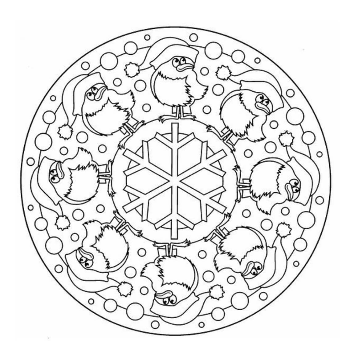 Santa claus and snowflakes in christmas mandala coloring page