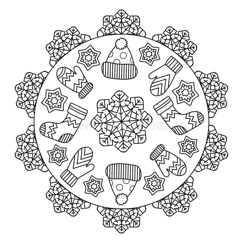 Coloring page mandala for kids winter coloring book with mittens snowflakes hat socks stock vector