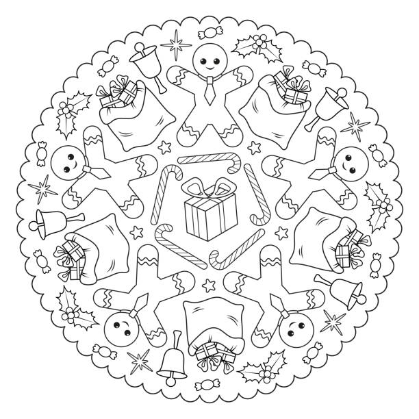 Coloring page mandala for kids with winter christmas and happy new year gingerbread man candy cane gift bag holly bell candy vector illustration stock illustration