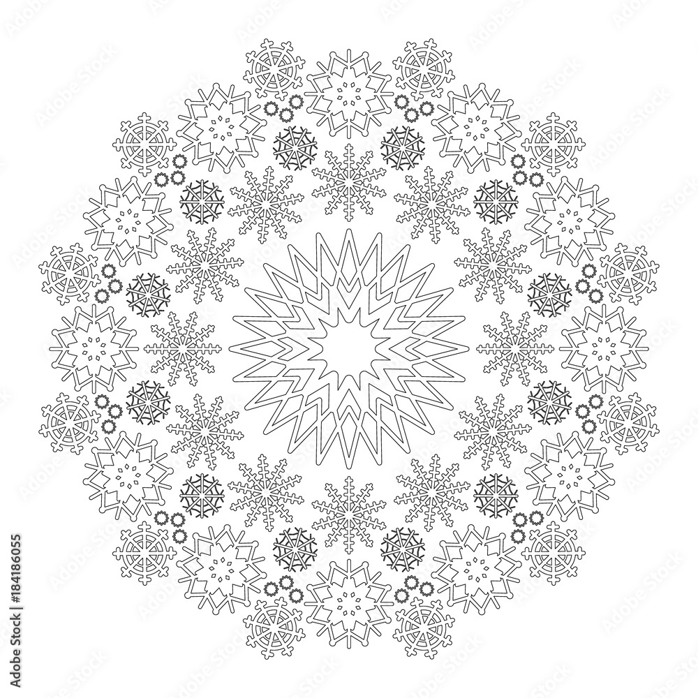 Vector black and white circular winter mandala with snowflakes
